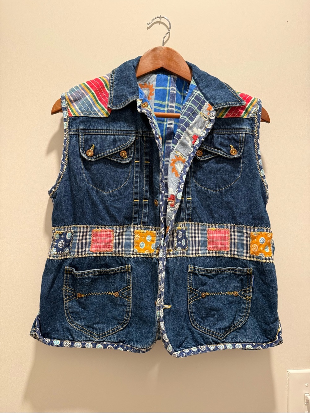 VTG Oilily Patchwork Cottagecore Plaid Denim Vest Sz 10-12 Kid Adult XS European